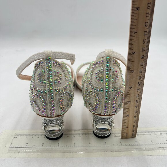 XYD White Glitter Bridal Evening Peep Toe Rhinestone Studs Block Low Heel Sandal - Picture 5 of 8